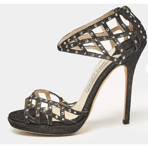 Jimmy Choo Metallic Leather Crystal Embellished Cut Out Strappy Sandals Black 39